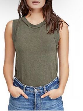 We the Free Crewneck Cotton Tank Too in Olive Green - Size Small